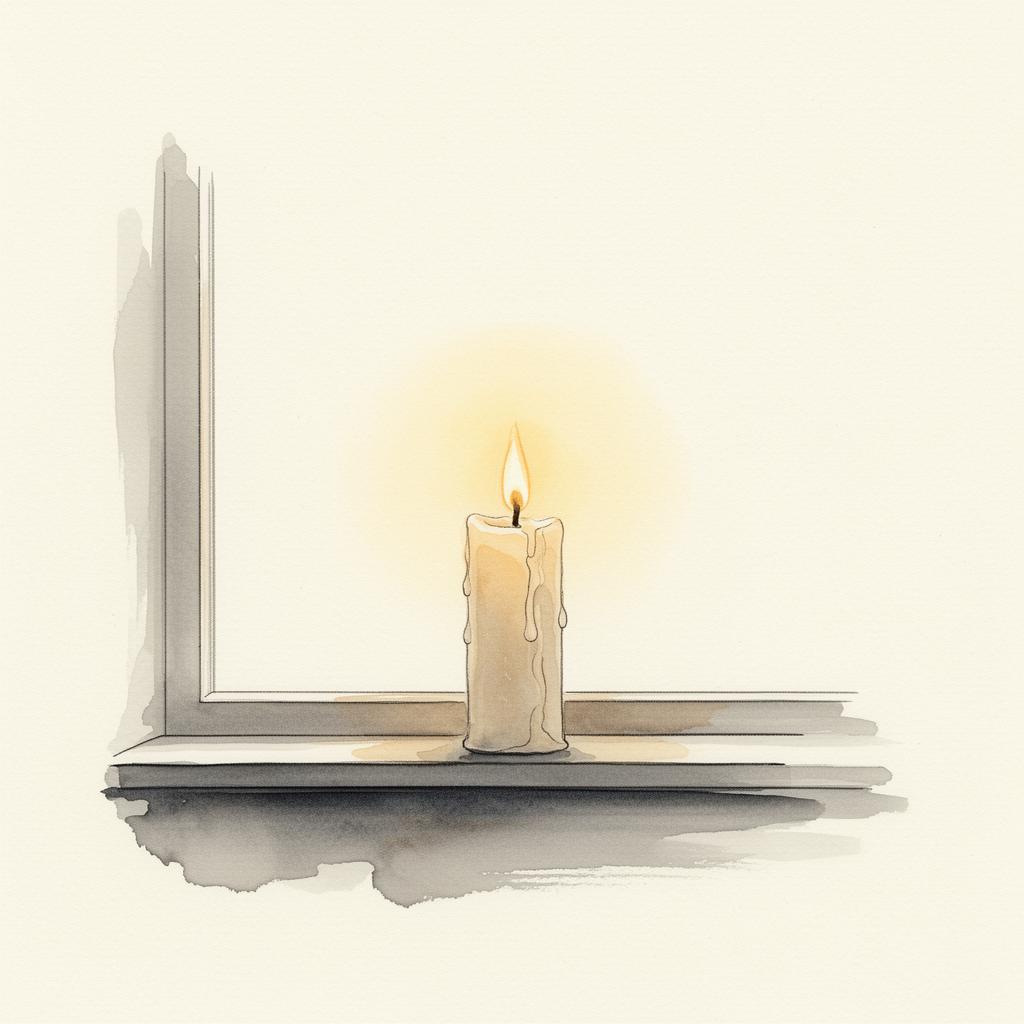 A single lit candle on a windowsill at dawn
