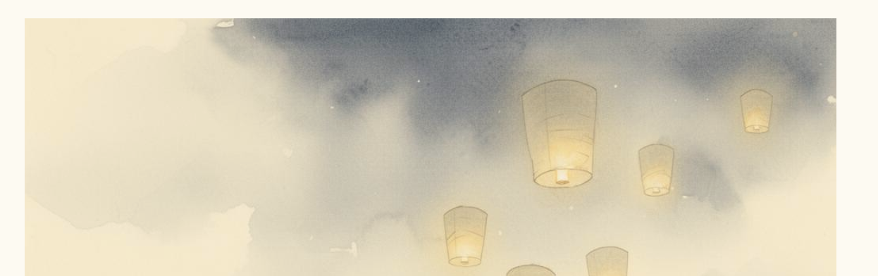 Soft watercolor of paper lanterns drifting into a misty twilight sky