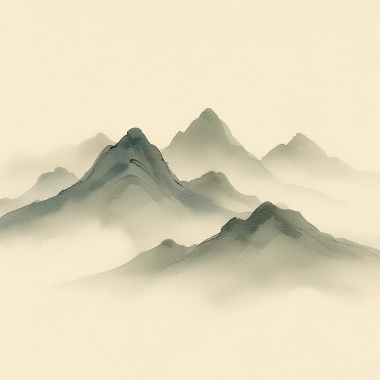 Misty watercolor mountains fading into fog