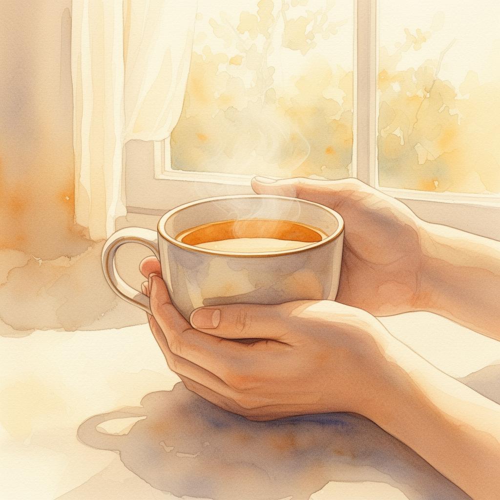 Gentle hands holding a warm cup in soft morning light